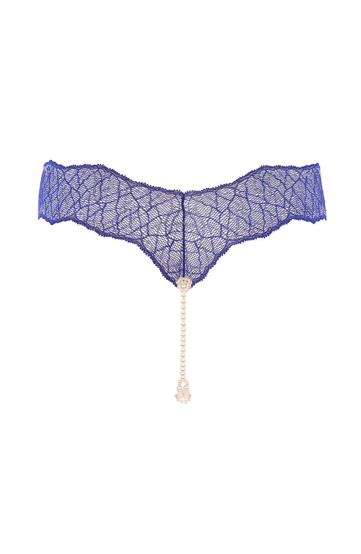 COAX Copenhagen blue thong with double pearl detail and luxurious lace texture