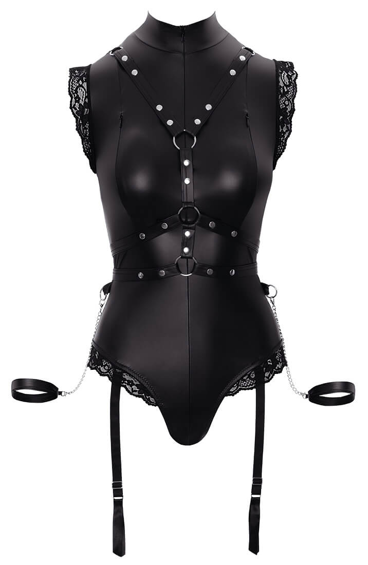 Erotic bodysuit lingerie with harness & restraints