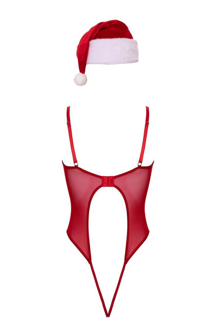 Sheer red Christmas lingerie bodysuit with matching Santa hat