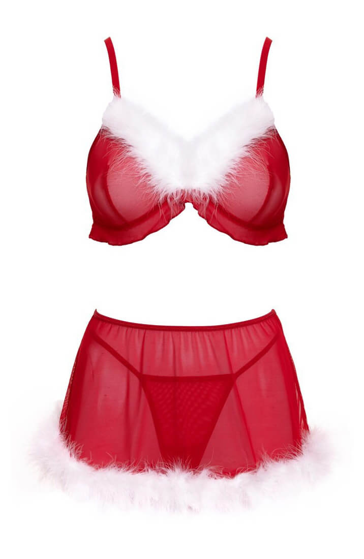 Red Christmas lingerie set with ruffled bra and flared skirt