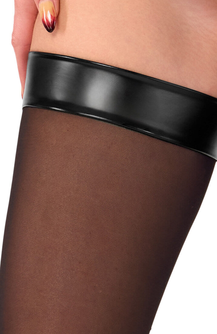 Sheer thigh-high hosiery with sparkly seams and bold wet look band - COAX Copenhagen fetishwear