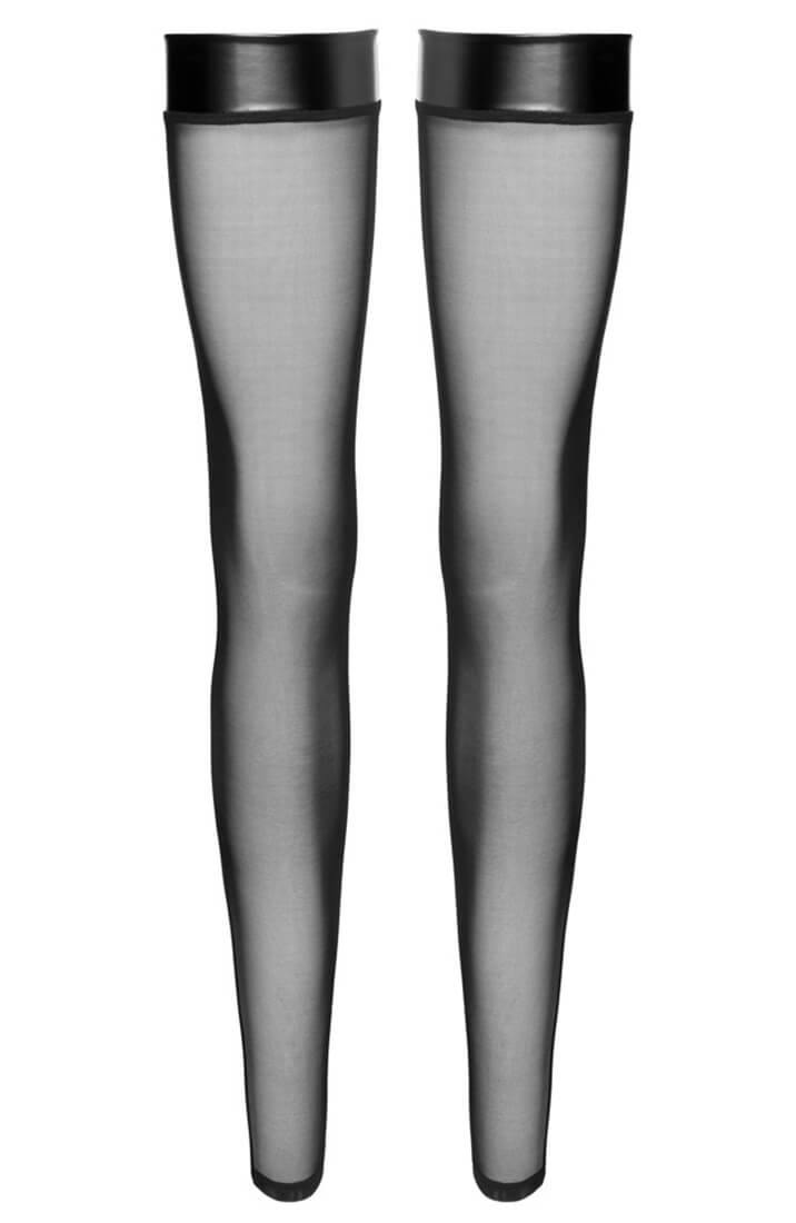 Sexy black thigh-high stockings with rhinestone trim and power wet look top - COAX Fetish lingerie