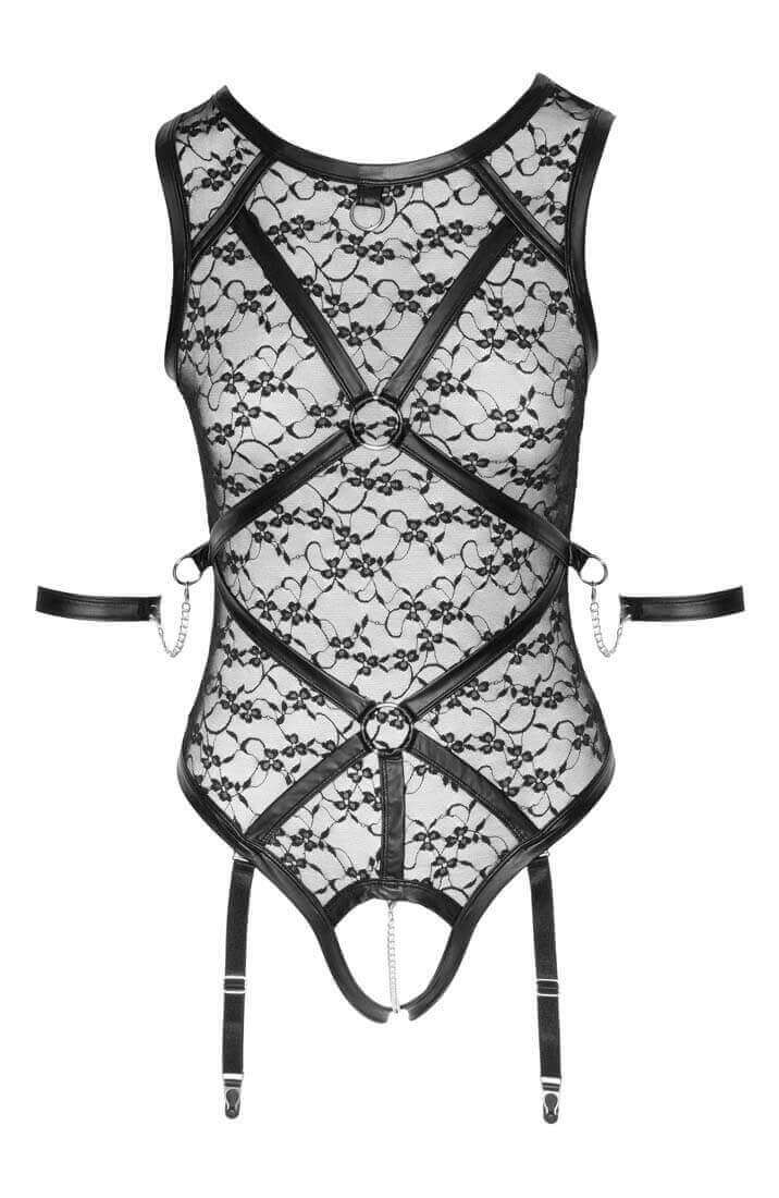 Crotchless lace bodysuit with harness & metal string