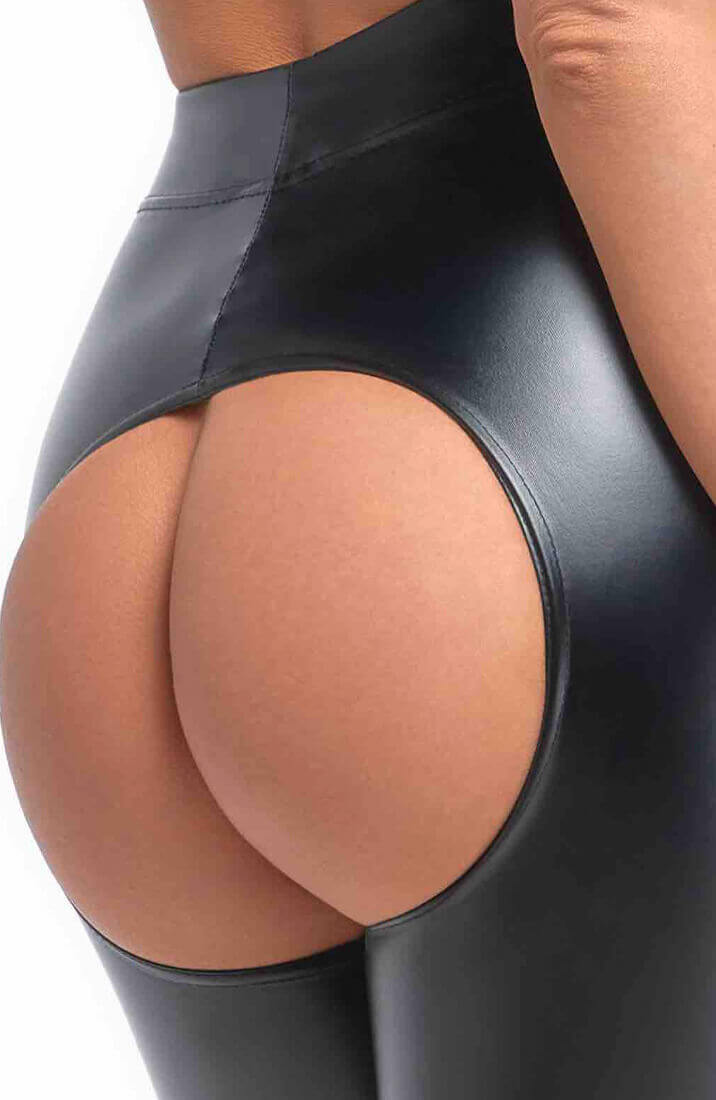 Crotchless wet look leggings