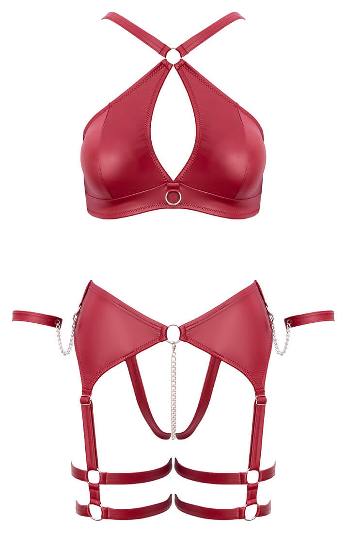 Full body shot in provocative soft bondage lingerie set with Velcro cuffs and stimulating details