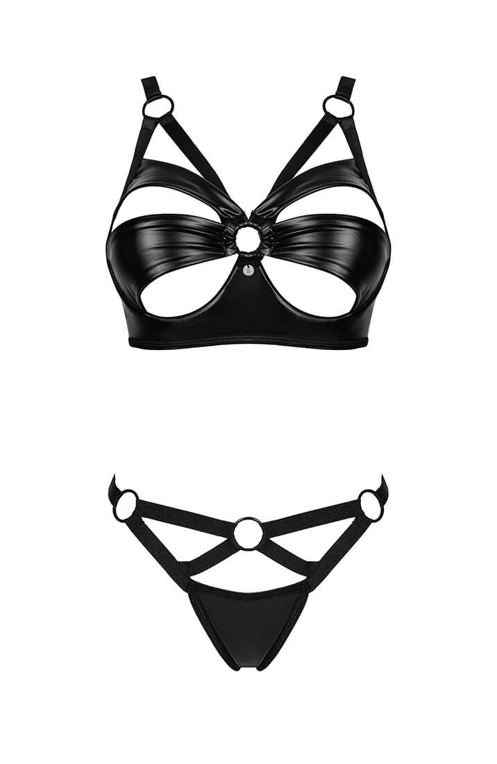 Two-piece black wet look set with daring cut-outs and statement O-ring accents