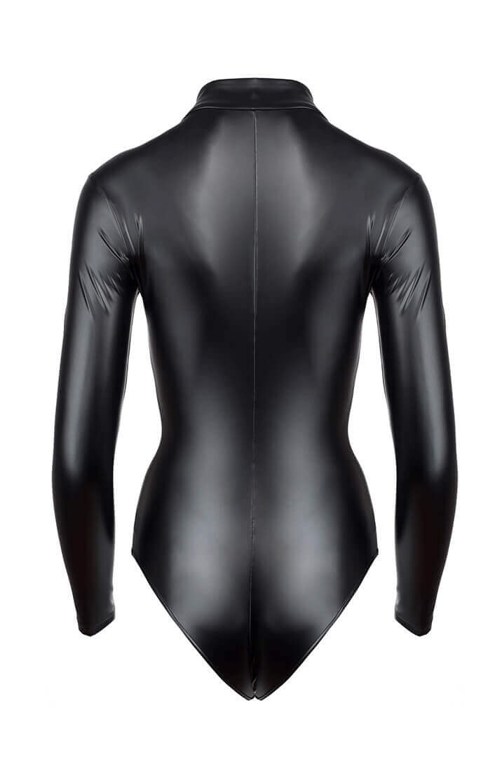 Erotic black wet look bodysuit with 3-way zip