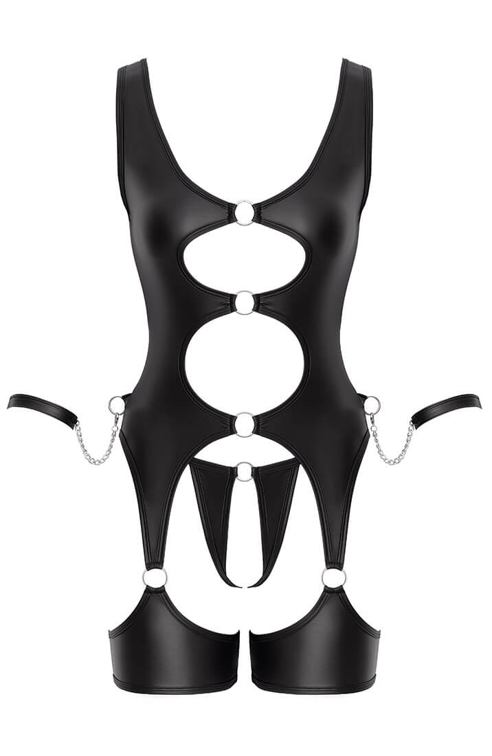 Matte black soft bondage lingerie with figure-hugging fit and cuffs