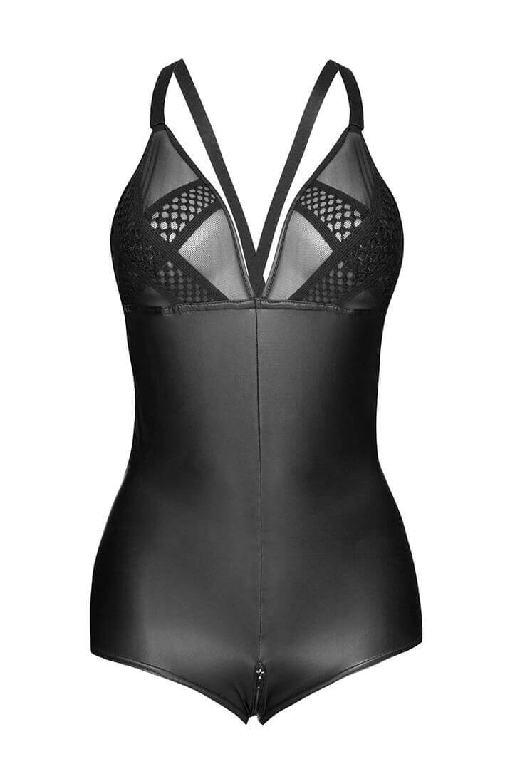 Erotic black wet look teddy with boyshorts