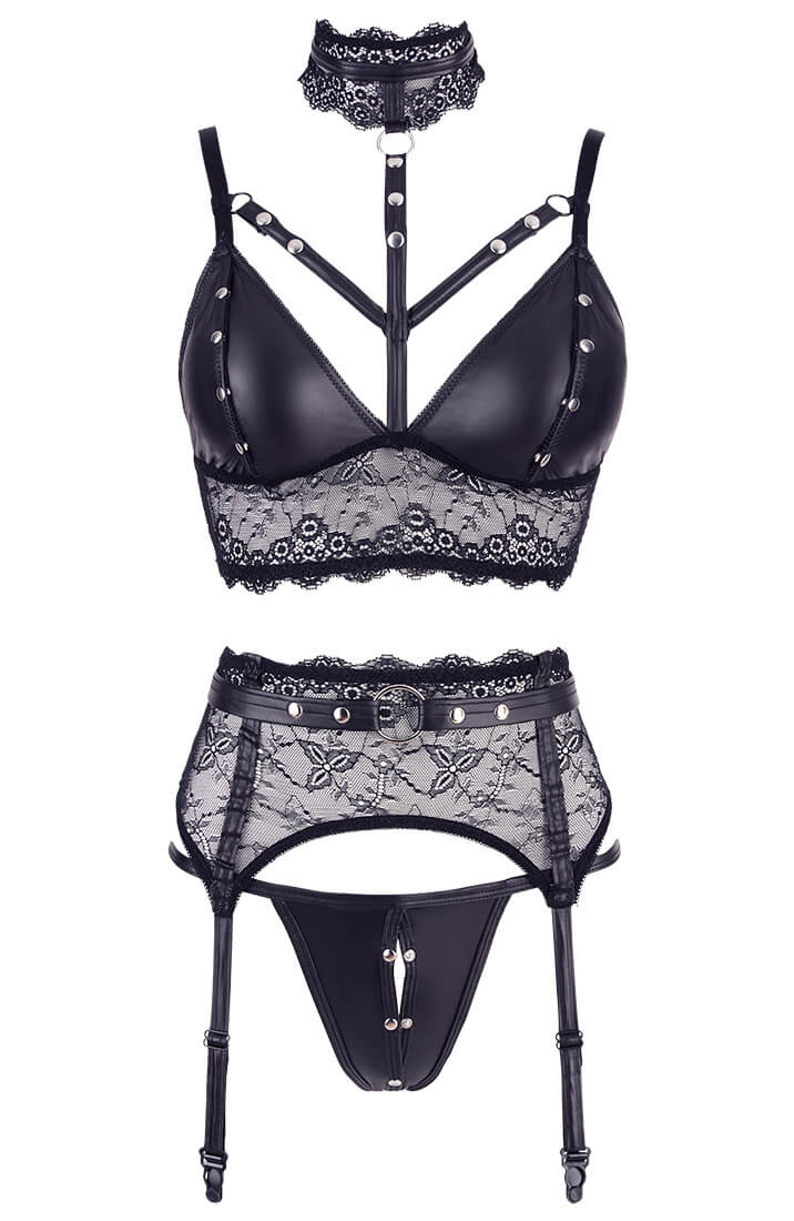 Erotic wet look lingerie with restraints