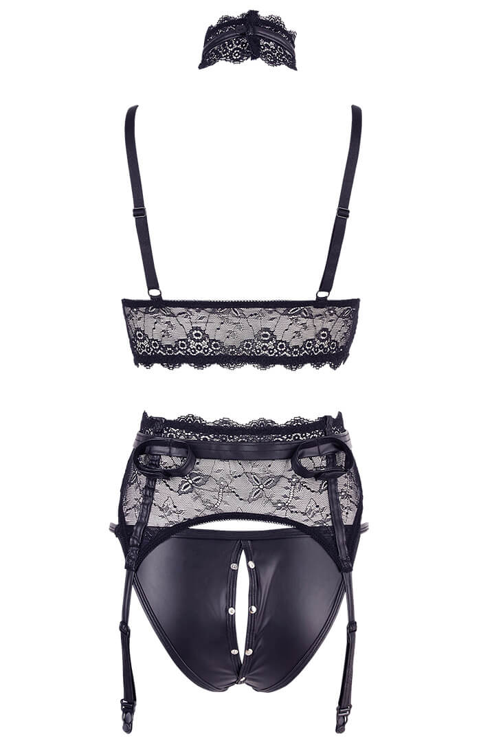 Erotic wet look lingerie with restraints