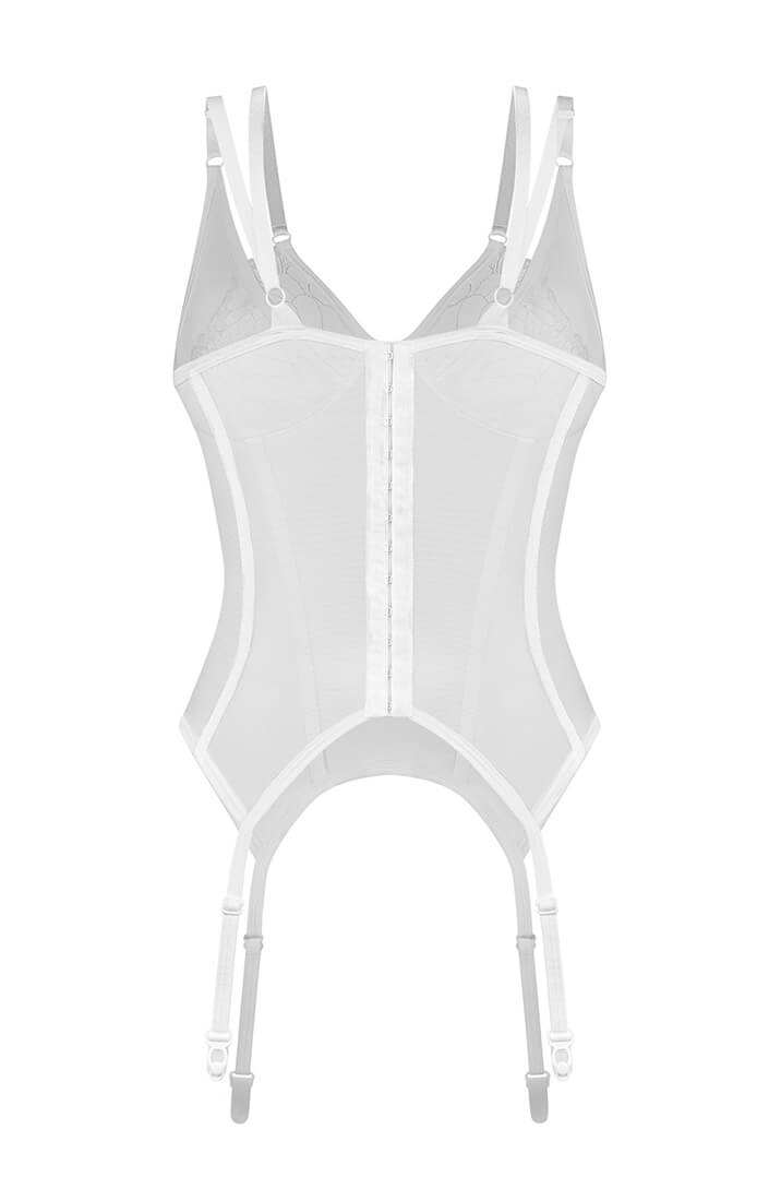 Back closure detail on sensual white bustier with suspenders