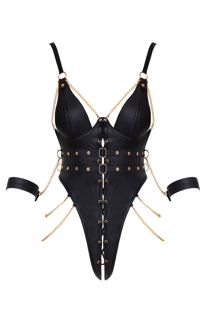 Black crotchless bodysuit with full lace-up front and adjustable waist straps