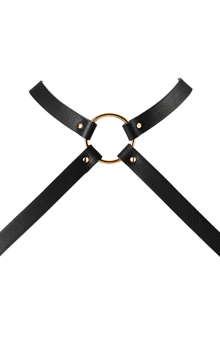 Seductive close-up of cross-chest strap detail