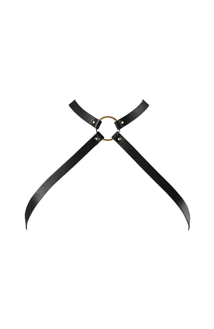 Vegan leather cross-chest harness accentuating curves