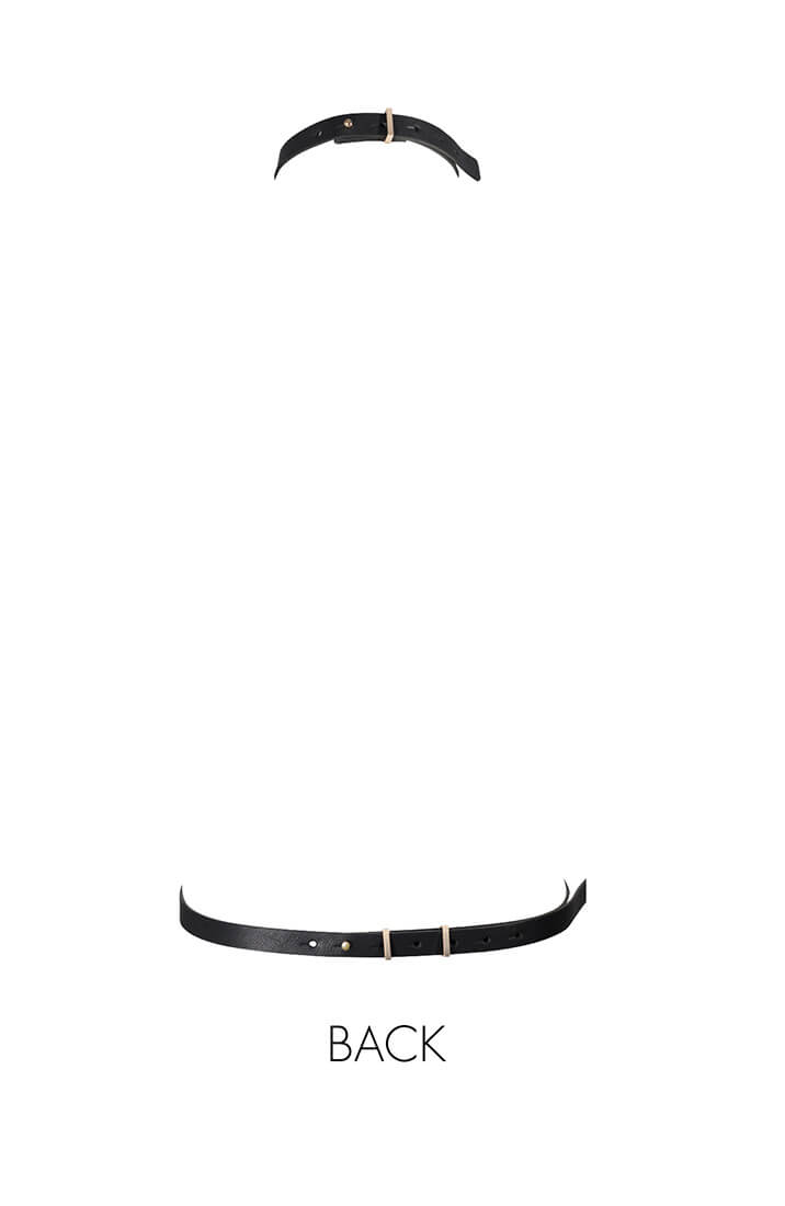 Vegan leather harness styled for erotic empowerment