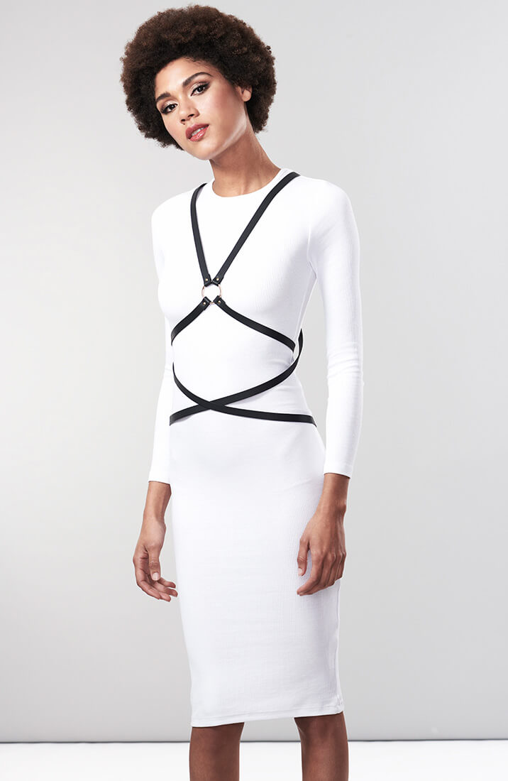 Erotic harness look layered over clothing
