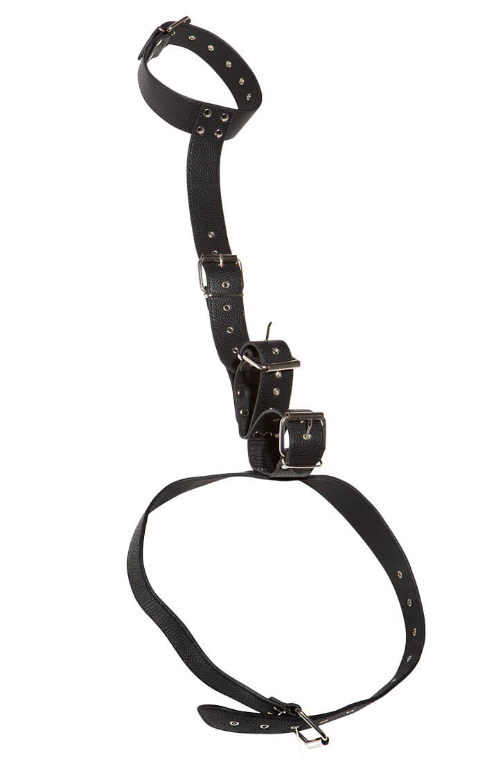 Erotic neck and hand restraint in faux leather with adjustable buckles