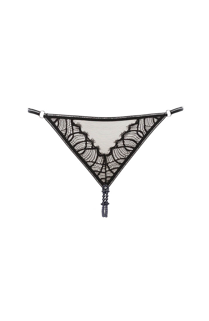 Luxury lingerie black lace G-string with double pearl string
