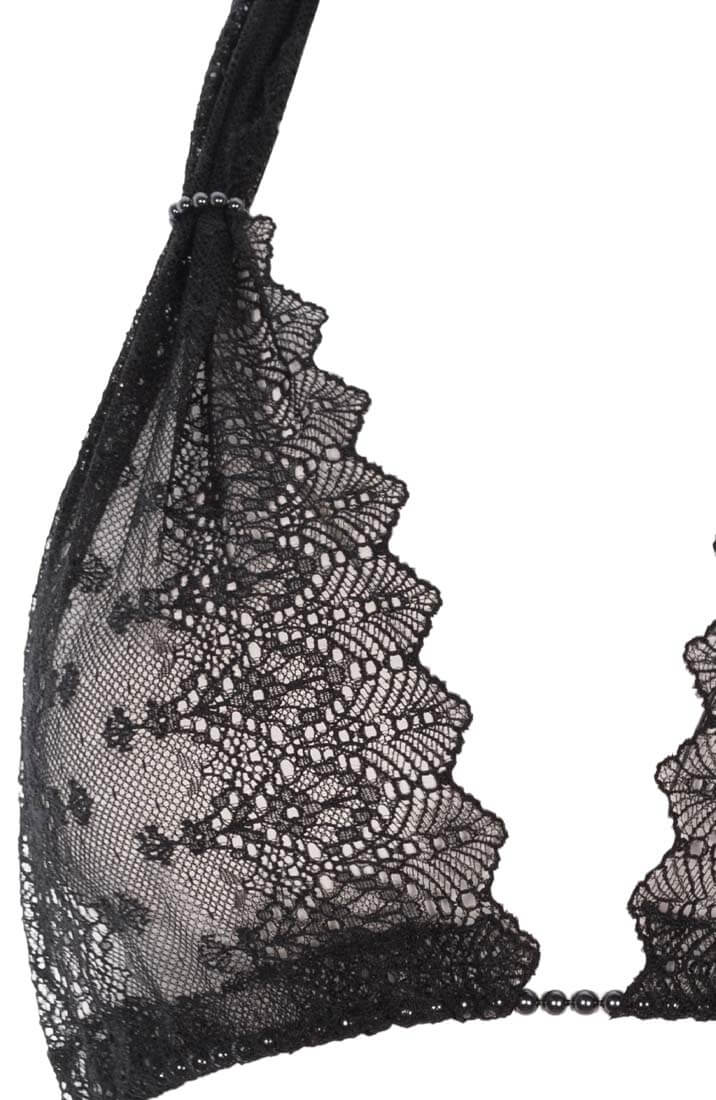 Elegant black lace bralette with black pearls and satin ribbon closure - COAX Copenhagen