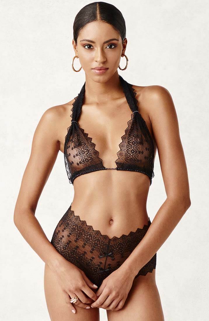 COAX Copenhagen black bralette with black Manacor pearls and sheer lace for sensual elegance