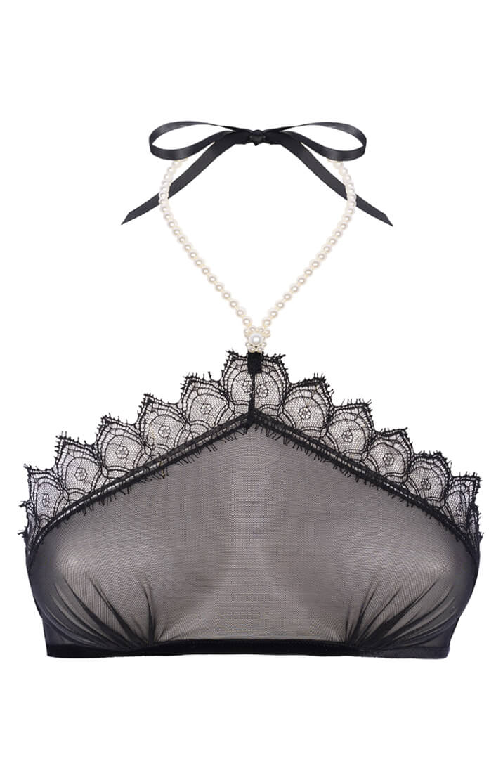 Sheer black bralette with pearl halterneck and French Leavers lace