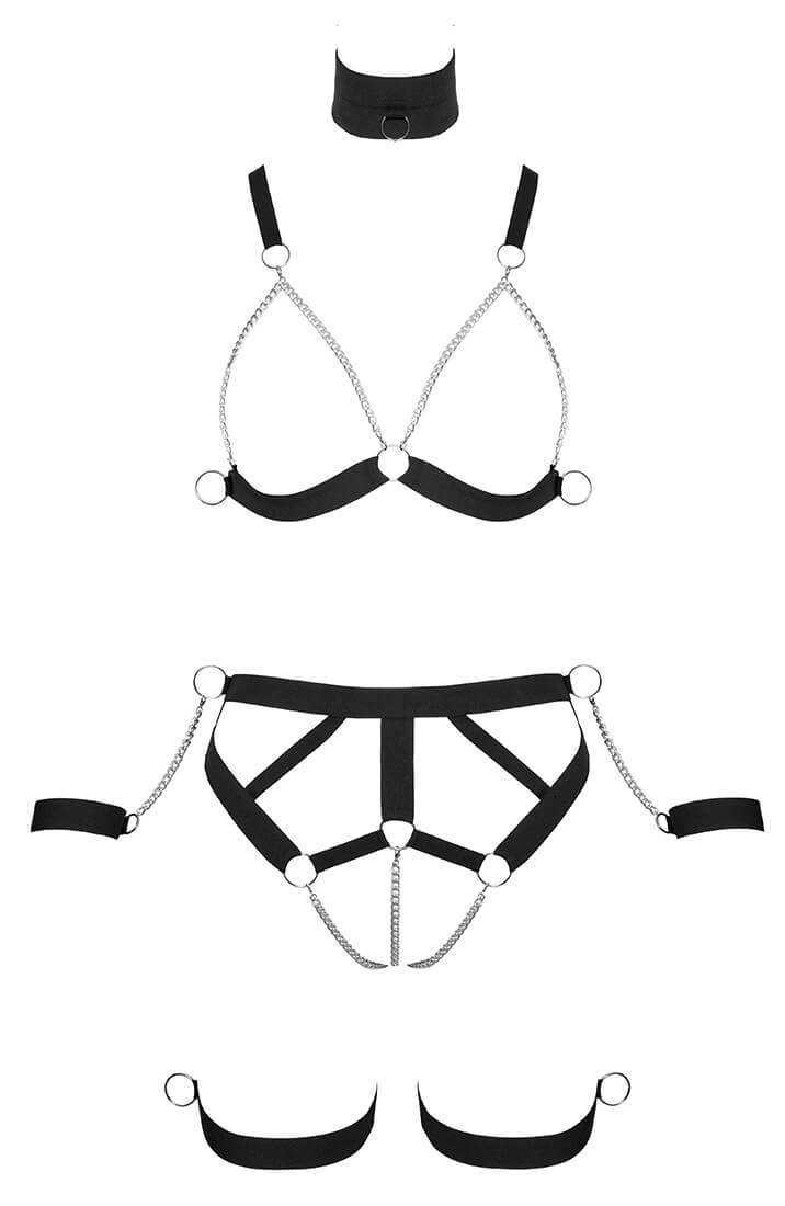 Harness lingerie set with detachable handcuffs and silver rings