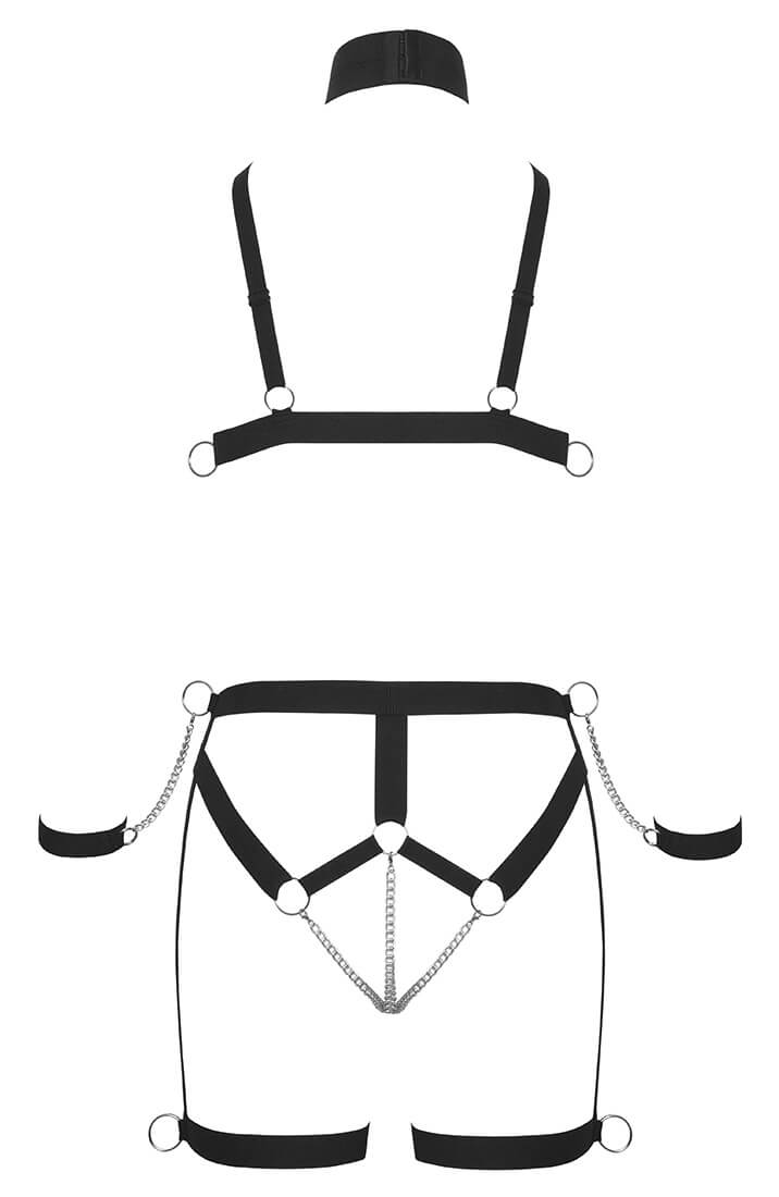Matte black erotic lingerie with crotch chain and bold restraint details