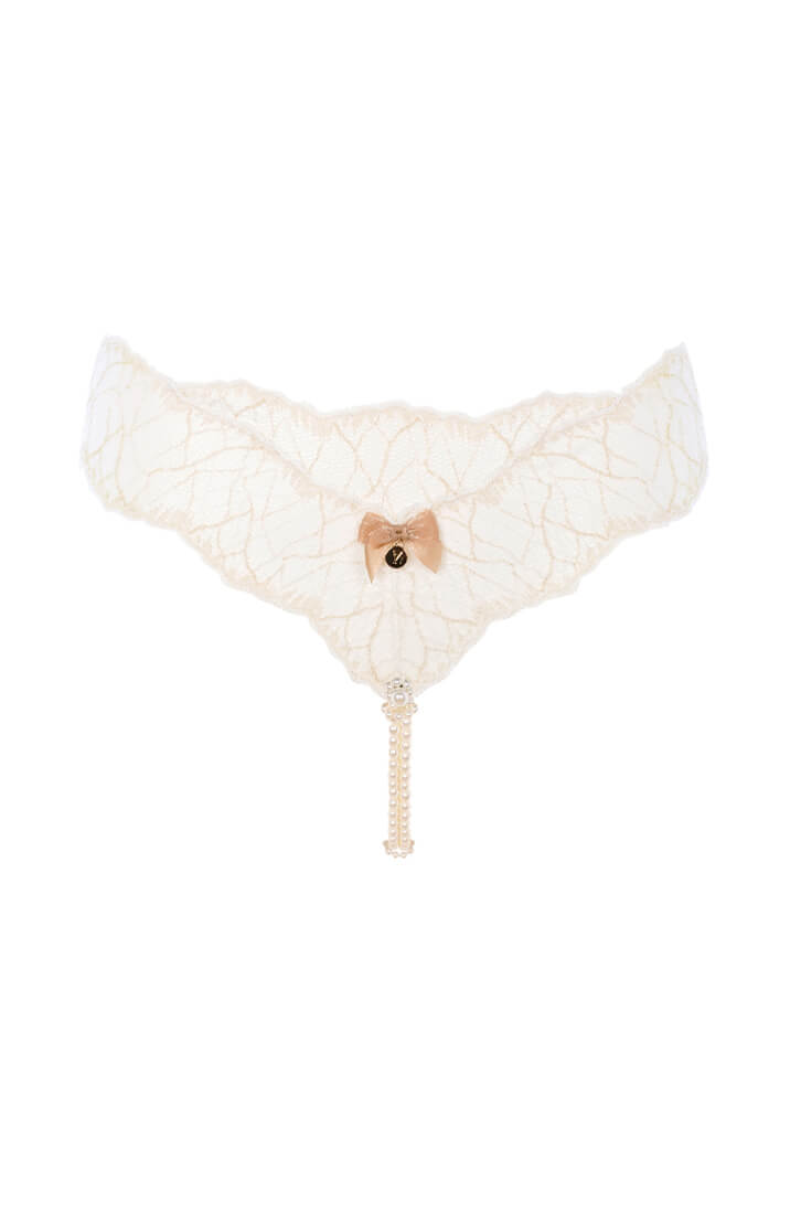 Ivory Lace Thong With Double Pearl String - Luxury Lingerie COAX Copenhagen