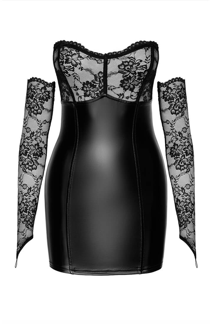 Lace X wet look mini dress & gloves