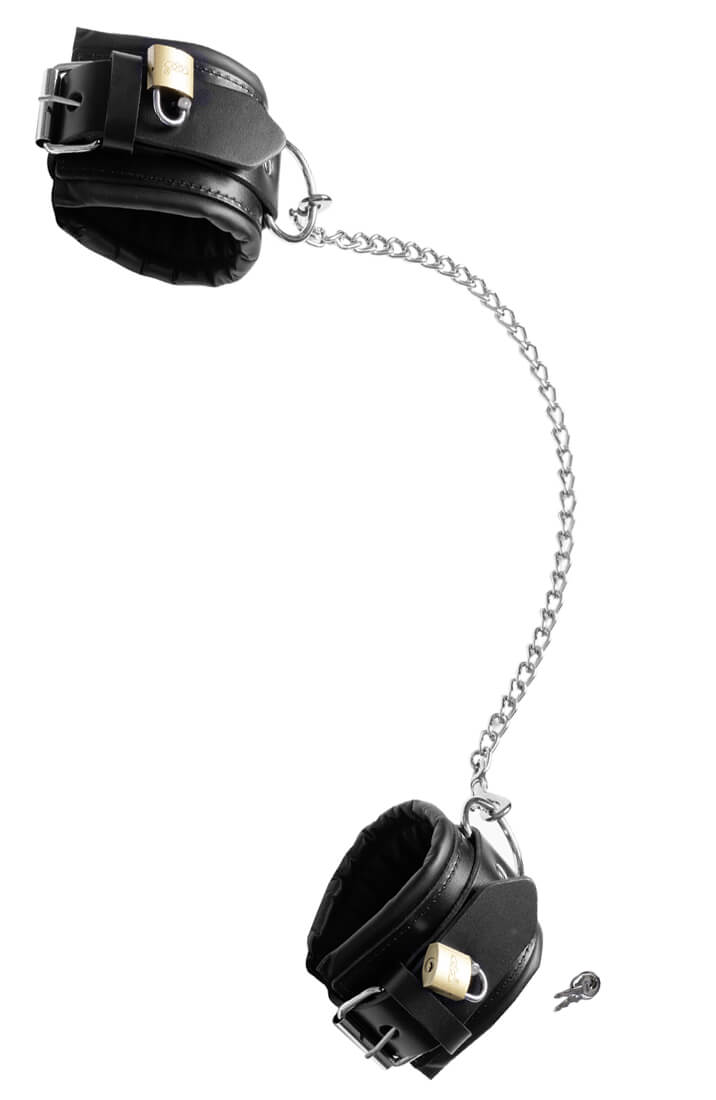 Adjustable black leather ankle cuffs with 50 cm connecting chain