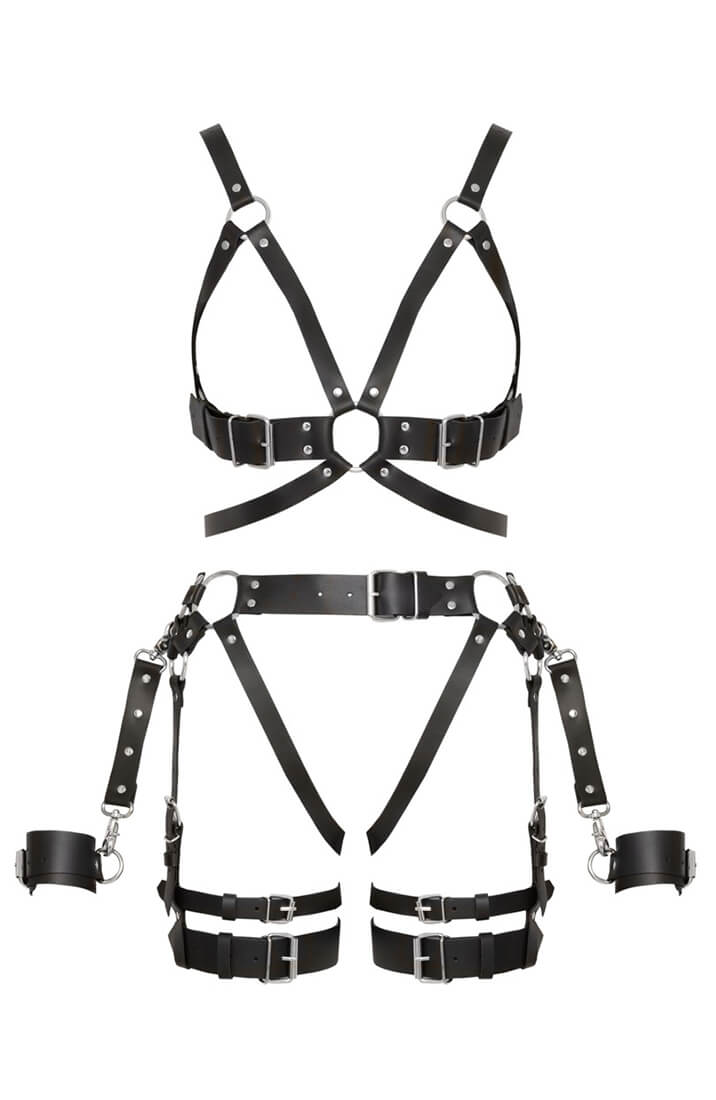 Premium black leather harness with O-rings, buckles and thigh restraints