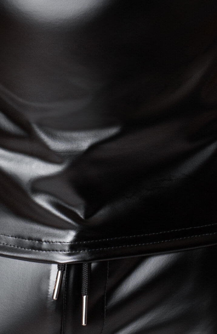 Black Sleeveless wet look Hoodie - close up bottom