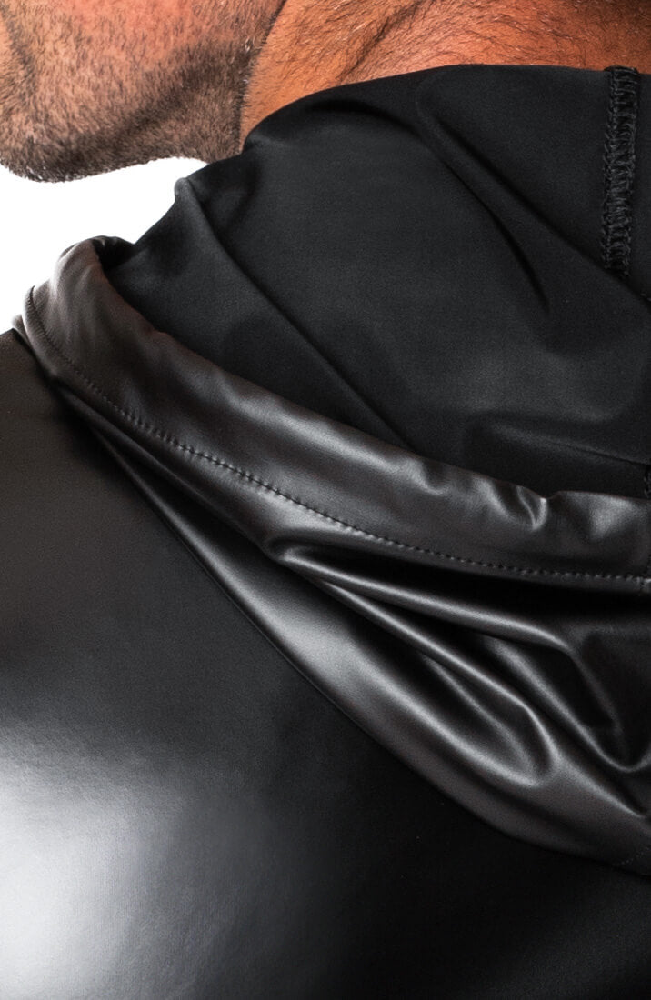 Black Sleeveless wet look Hoodie - close up hood