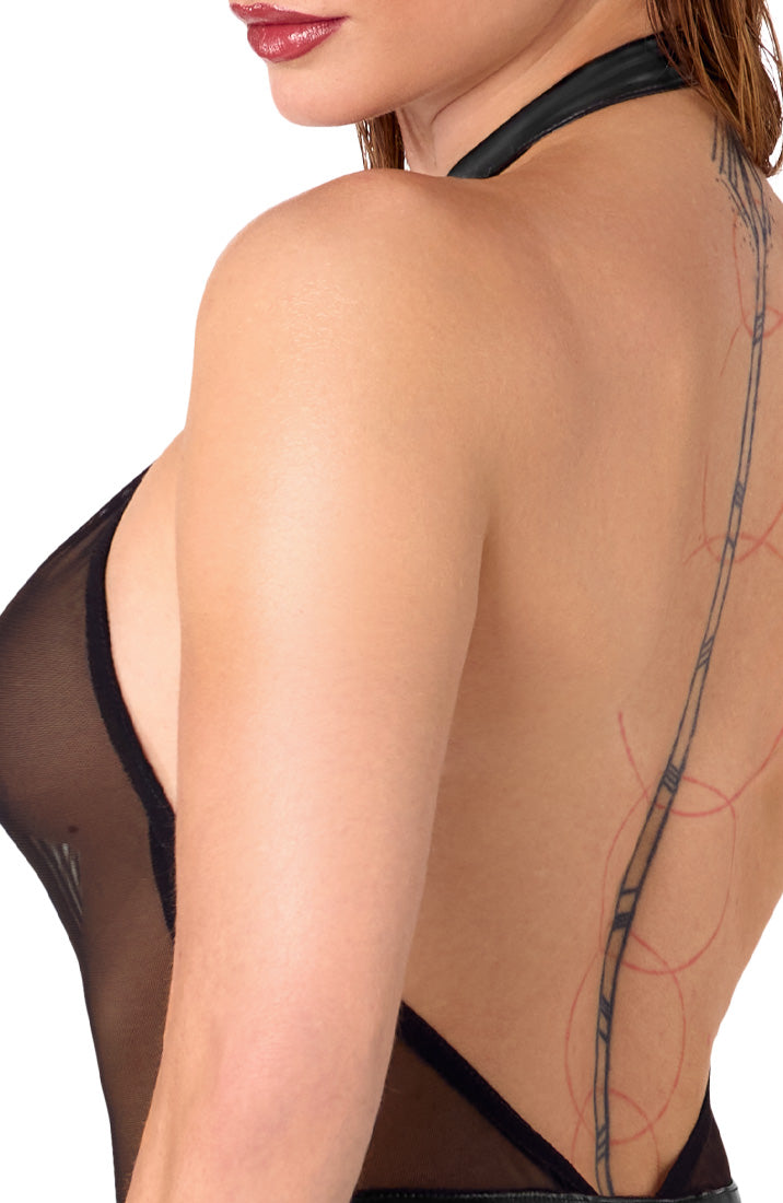 Black mini dress with rhinestone plunge and halterneck collar - COAX Fetish style