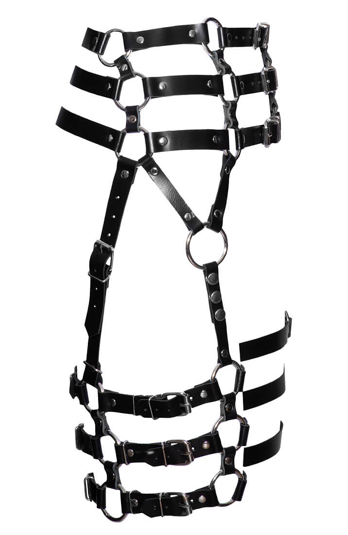 Adjustable black leather harness with O-rings and buckle details