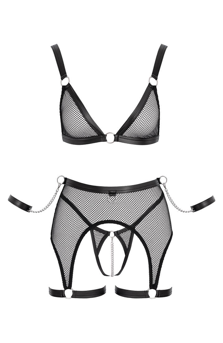 Provocative net and matte black lingerie for sensual restraint play