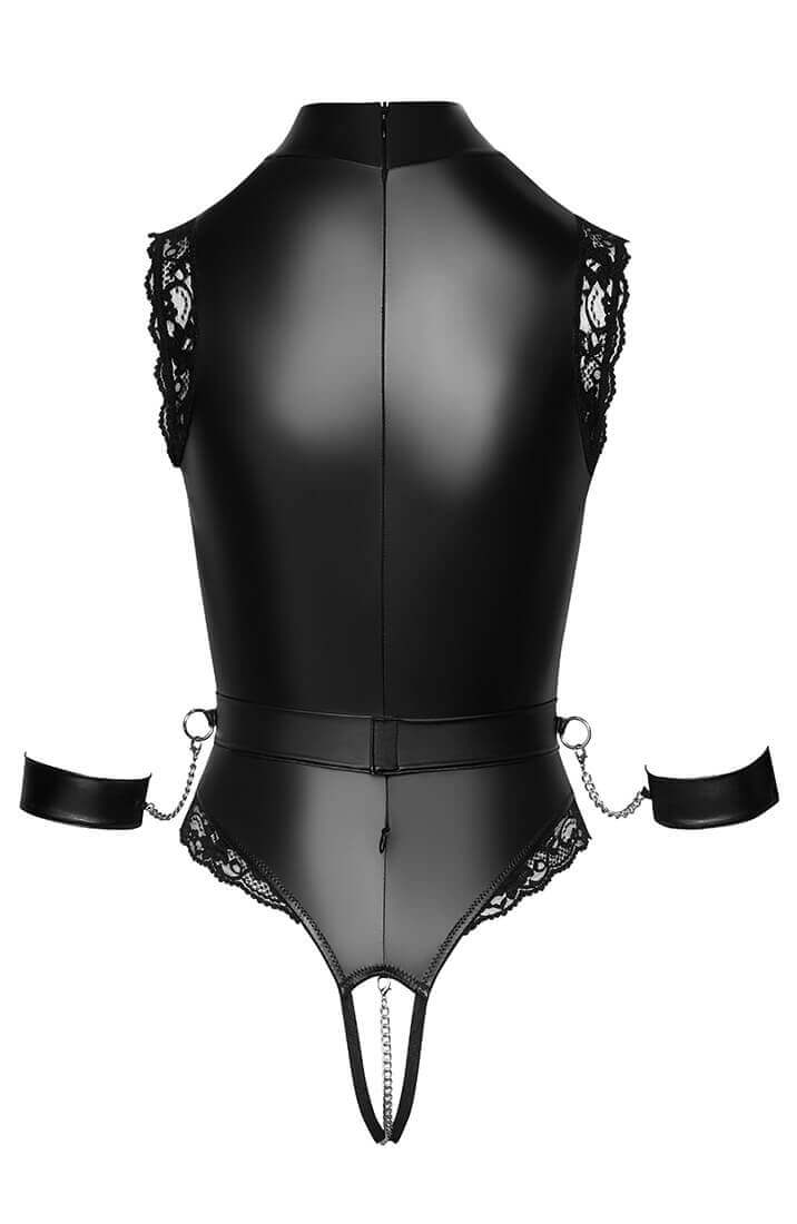 Open-cup bondage bodysuit with restraints