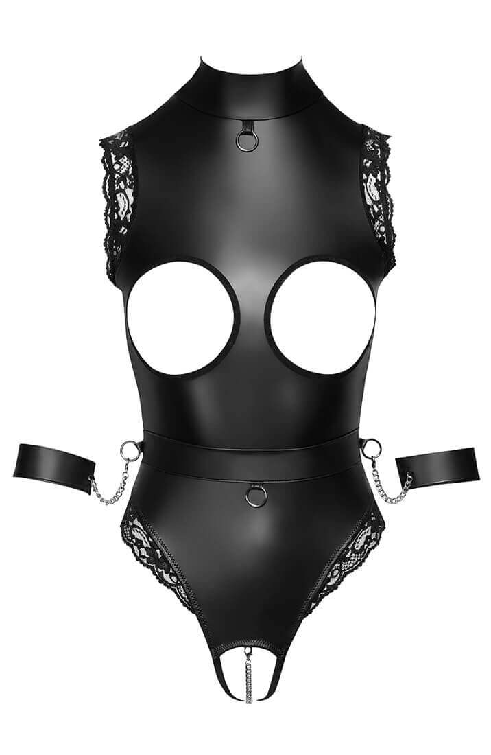 Open-cup bondage bodysuit with restraints