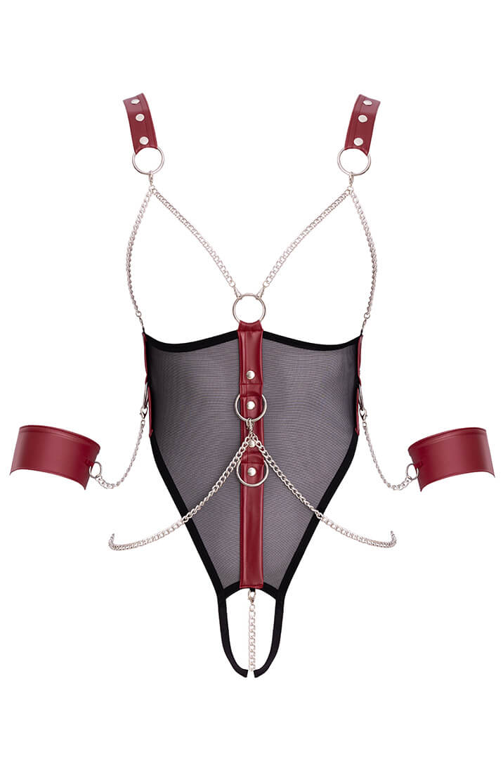 Provocative mesh and matte wet look lingerie for soft bondage fantasies