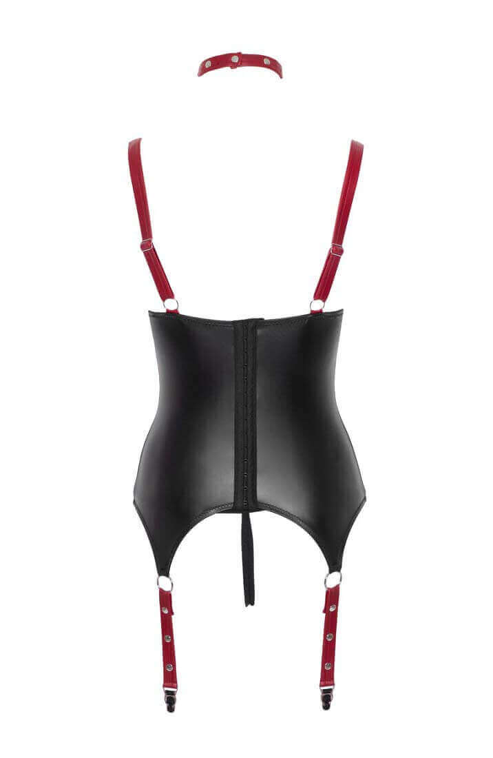 Wet look fabric, metal studs and O-ring detail on shelf bustier lingerie