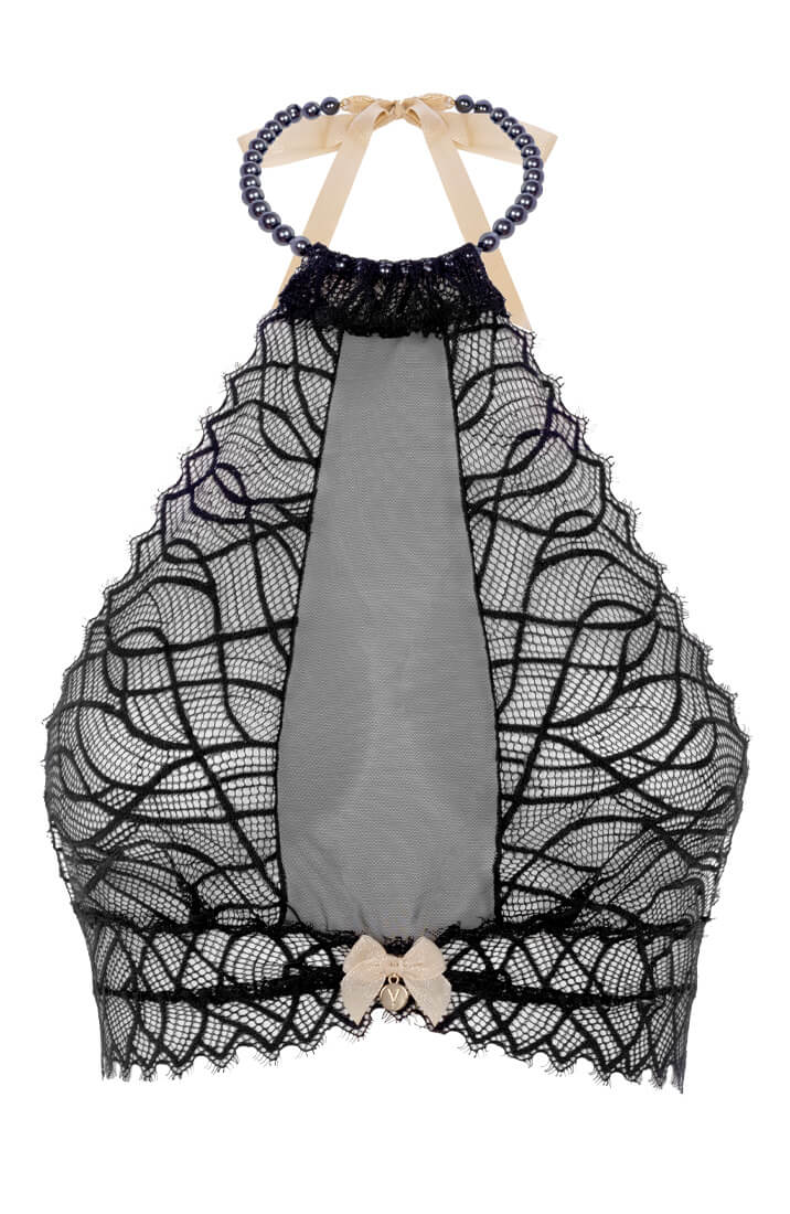 COAX Copenhagen luxury black lace bra top with sheer mesh and pearl collar