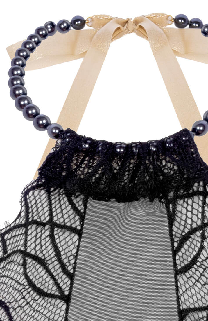 COAX Copenhagen black lace top with integrated pearl choker for sensual sophistication