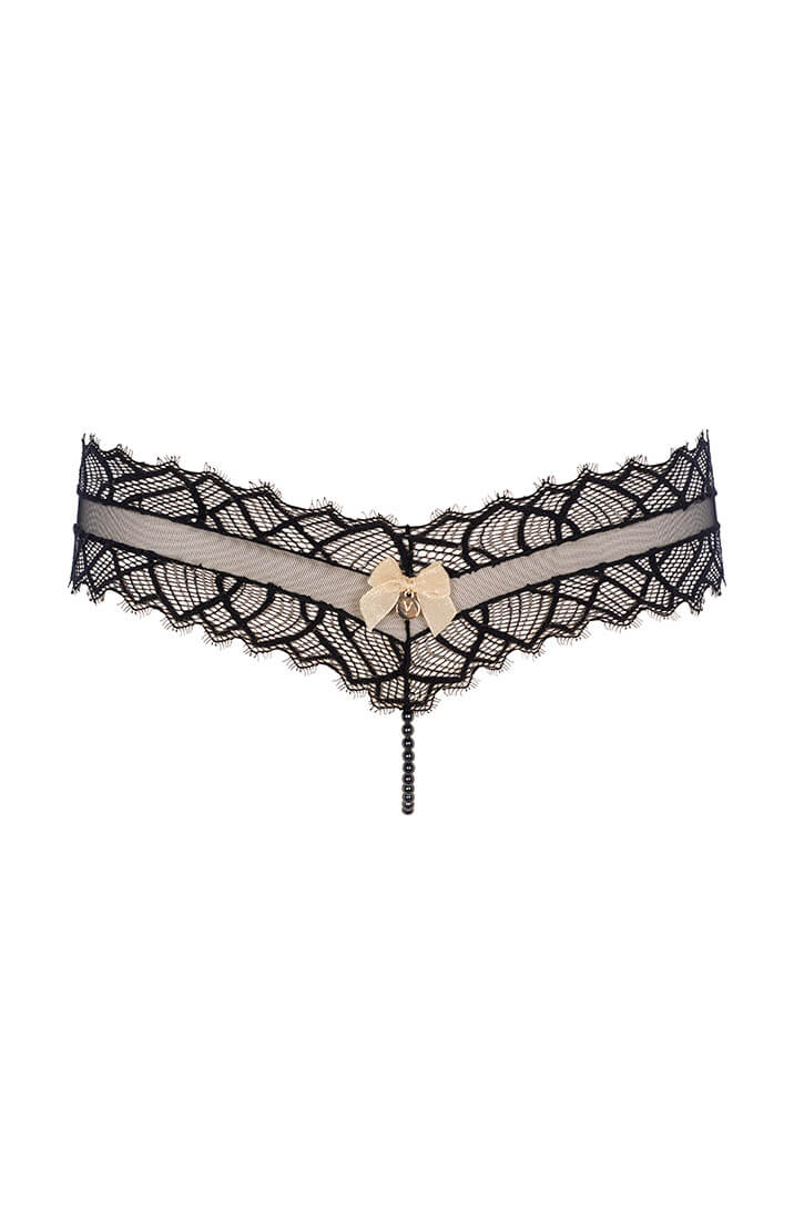 COAX Copenhagen black lace brief with stimulating pearl string and recycled mesh