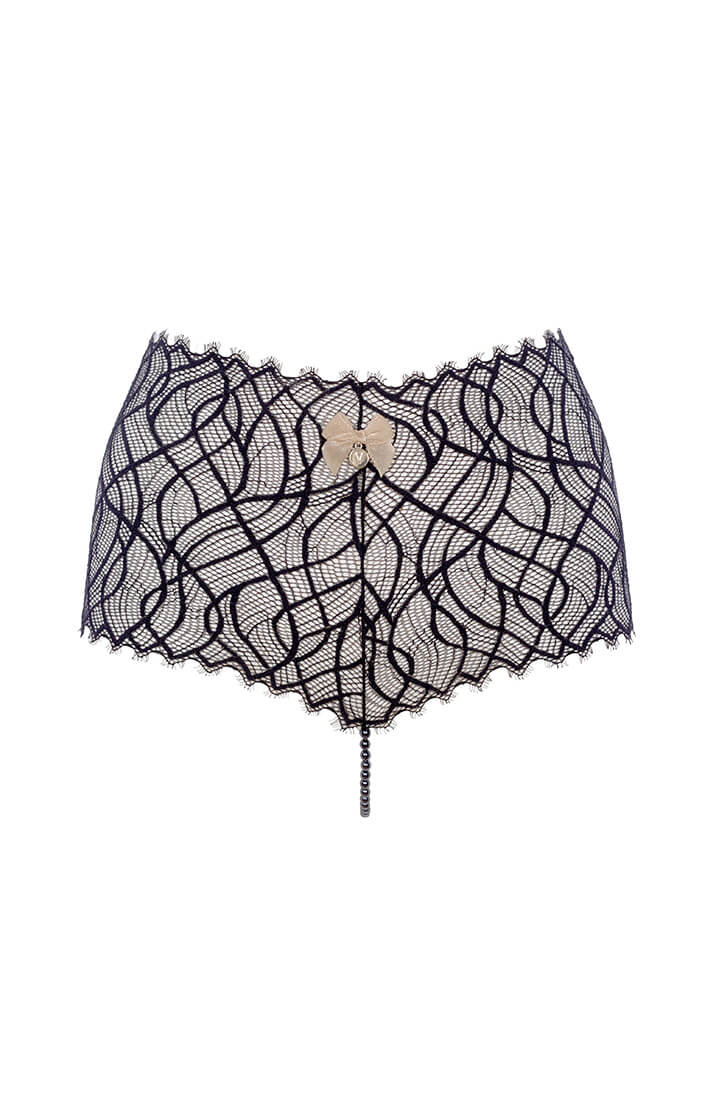 Black lace high-waisted panty from COAX Copenhagen with stimulating pearl string detail