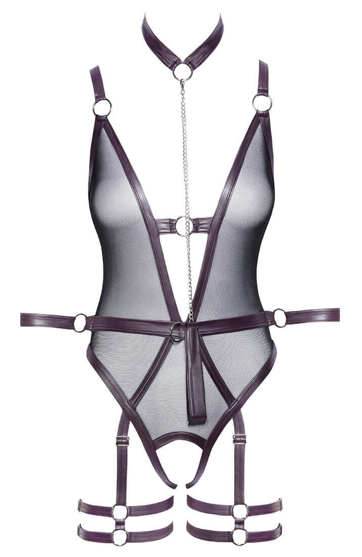 Purple crotchless bondage bodysuit & leash