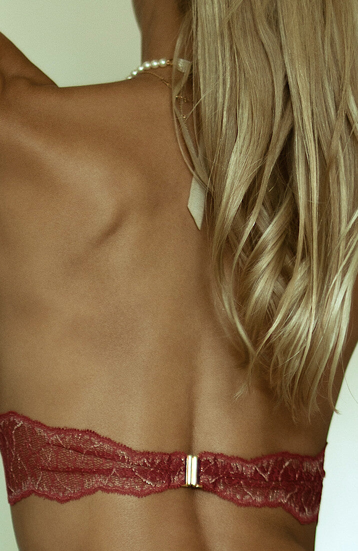 COAX Copenhagen red lace bodysuit with white pearls and open crotch style