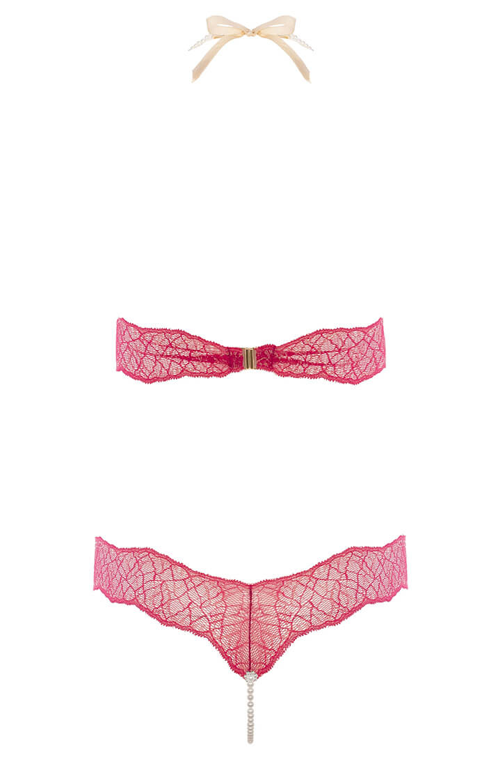 COAX Copenhagen red bodysuit with Manacor pearls and sheer lace for erotic elegance