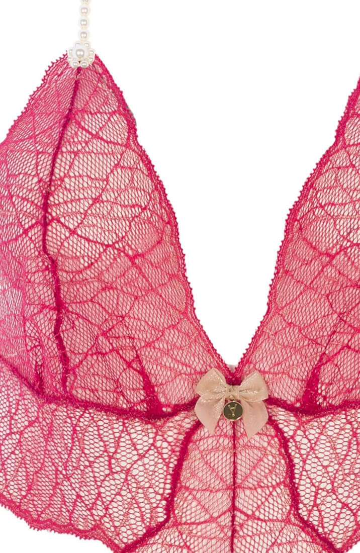 Passionate red lace bodysuit with single white pearl string from COAX Copenhagen