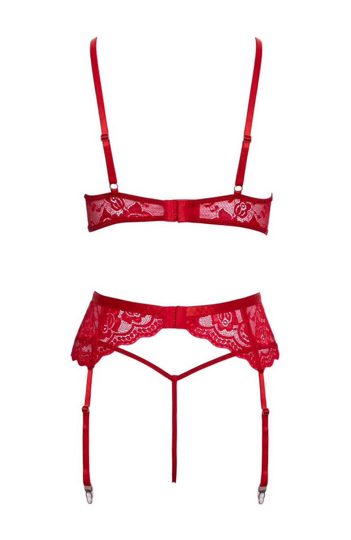 Red lace Christmas lingerie with adjustable garter straps and feather trim